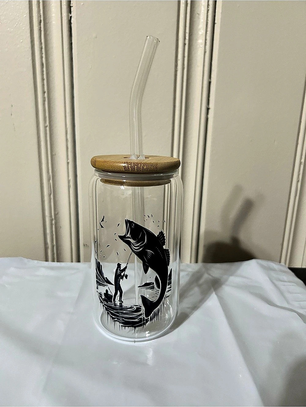 Clear & Black Glass Tumbler with Fish Artwork